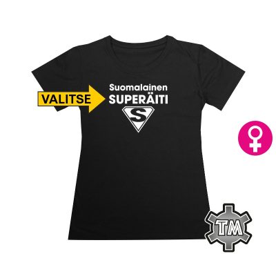 suomalainen superäiti musta t-paita johon saa oman tekstin