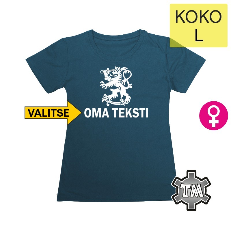 suomileijona omalla tekstillä denim sininen naisten t-paita