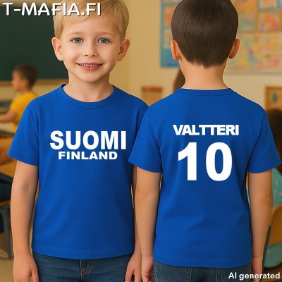 Suomi tai Ruotsi T-paita lapselle omalla nimellä ja numerolla (FOL)